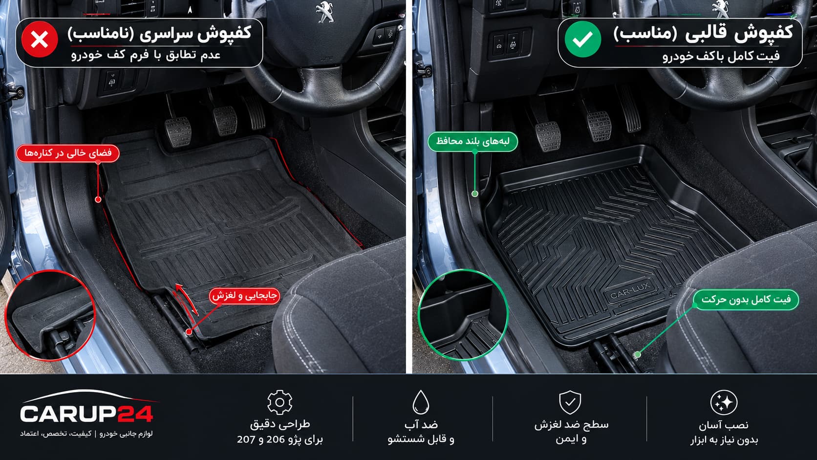 مقایسه کفپوش قالبی مناسب با کفپوش یونیورسال در پژو 206 و 207