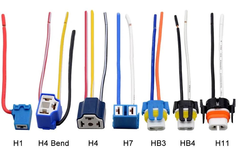 مقایسه انواع سوکت و پایه لامپ هدلایت خودرو با سیم‌کشی؛ شامل مدل‌های H1، H4 Bend، H4، H7، HB3، HB4 و H11 بر روی پس‌زمینه سفید.