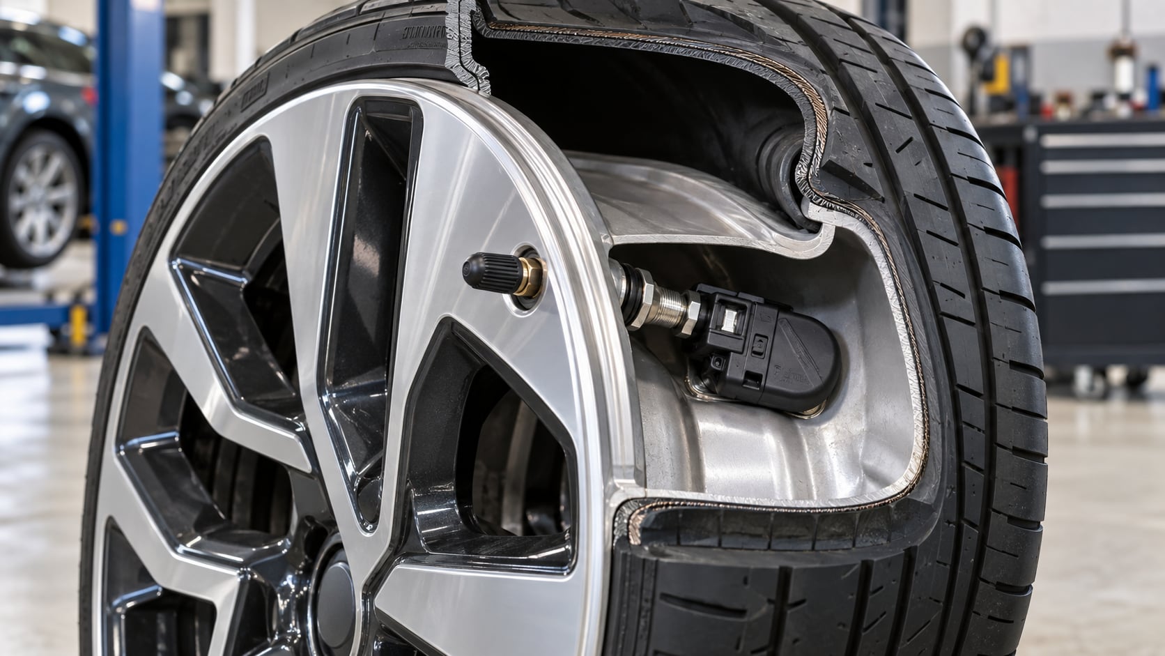Highly realistic automotive educational cutaway for CARUP24 showing a passenger-car wheel and tire with a direct TPMS pressure sensor correctly mounted inside the rim near the valve stem. The tire should be partially transparent or shown as a clean technical cutaway so the sensor position is clearly understandable. Include realistic rim, valve, tire bead and sensor module geometry. No floating futuristic electronics, no generated labels, no arrows, no logos, no watermark, clean automotive workshop background, landscape 16:9.  والو باید بیرون از رینگ چرخ باشه